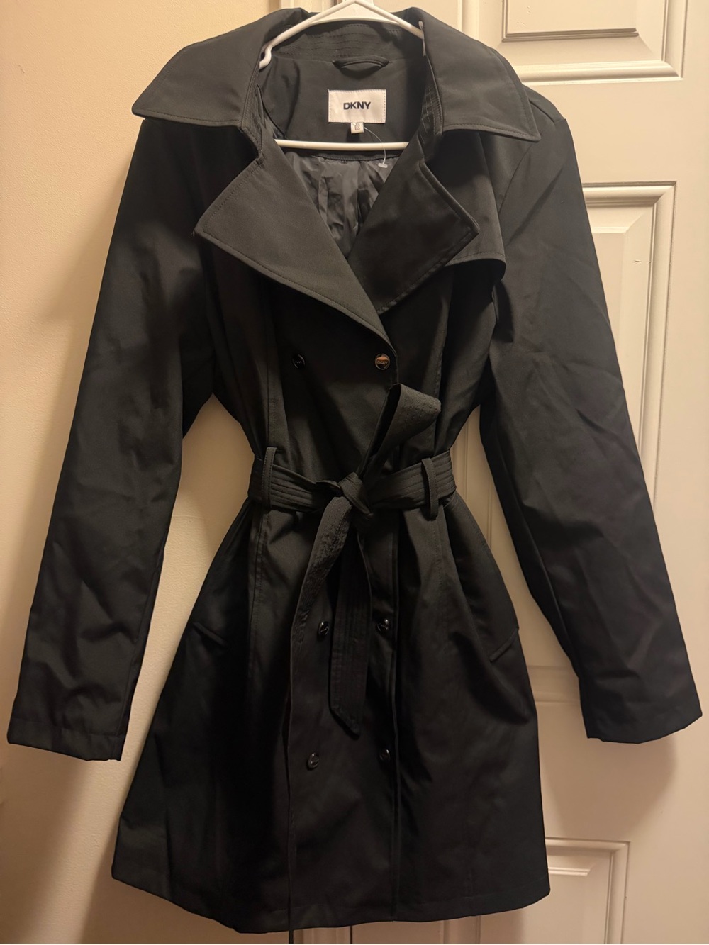 DKNY Black Double-Breasted Trench Coat with Waist Tie